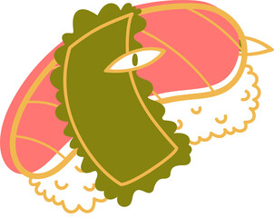 Flat sushi design is showing pink nigiri and seaweed roll with eye detail on transparent background