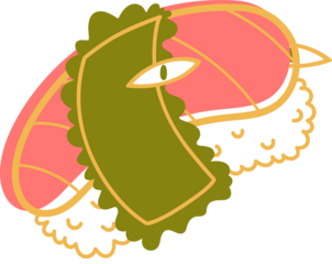 Flat sushi design is showing pink nigiri and seaweed roll with eye detail on transparent background