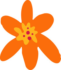 Stylized orange flower is radiating vibrant petals on transparent background, flat design