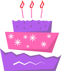 Flat three-tiered cake is showing on transparent background, zigzag icing and lit striped candles