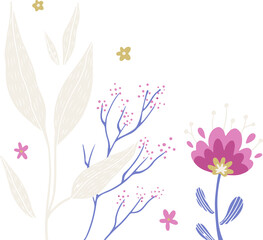 Botanical flat design presenting pink flower with blue stems and white leaves on clear background