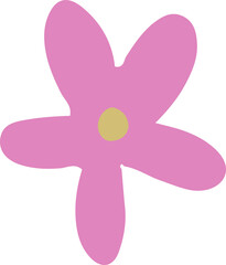 Five-petal pink flower with yellow center is being shown in flat design on transparent background