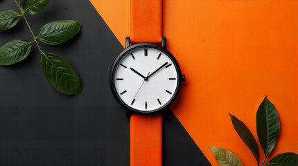 Stylish Watch Display with Green Leaves on Black and Orange Background, Product Photography, Modern Minimalist Style
