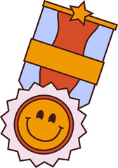 Flat award ribbon is displaying star, blank banner, smiling rosette medal on transparent background