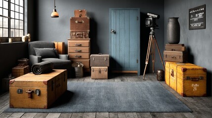 Industrial vintage living room with luggage and camera for interior design photography rustic studio loft inspiration