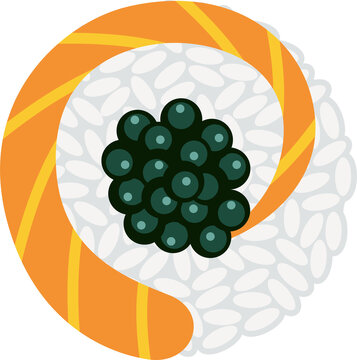Flat design is showing sushi roll with rice, salmon yin-yang and roe on transparent background