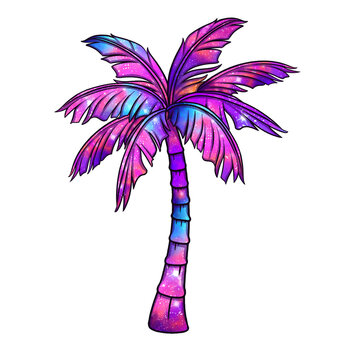 Naklejki Stylized palm tree is glowing with galaxy-themed colors and star speckles on transparent background