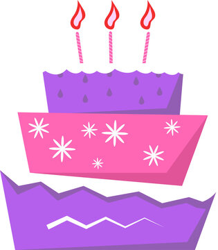 Naklejki Flat three-tiered cake is showing on transparent background, zigzag icing and lit striped candles