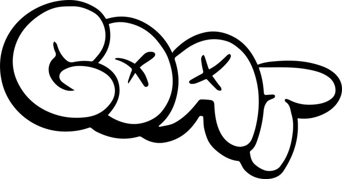 Bubble graffiti is showing GOAT text, white fill, black outline, X accents, transparent background