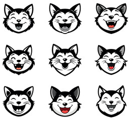 Happy Laughing Cat and Husky Mascot Head Vector Set