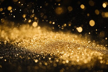 Naklejka premium Luxury gold dust particles shimmering against a black background creates a captivating visual effect, Luxury gold dust with a black background