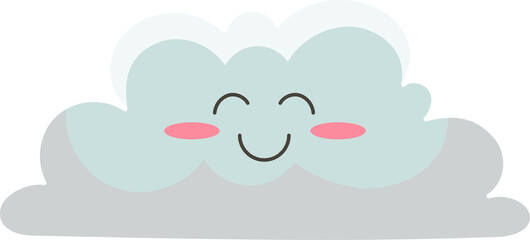 Cartoon cloud is smiling with rosy cheeks in flat design, mint-gray layers, transparent background