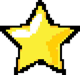 Fototapeta premium Golden pixel-art star is showing black outline, yellow shading, white shine on transparent backdrop
