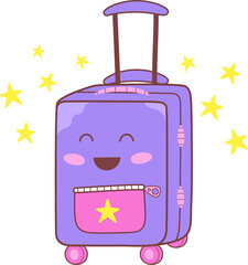 Cartoon purple suitcase showing smiling face, handle, pink wheels, stars on transparent background