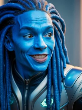 Joyful Blue-Skinned Alien with Dreadlocks, Smiling and Expressing Emotions
