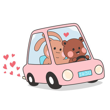 Fototapeta Bear and rabbit are driving pink car in flat design with floating hearts, transparent background