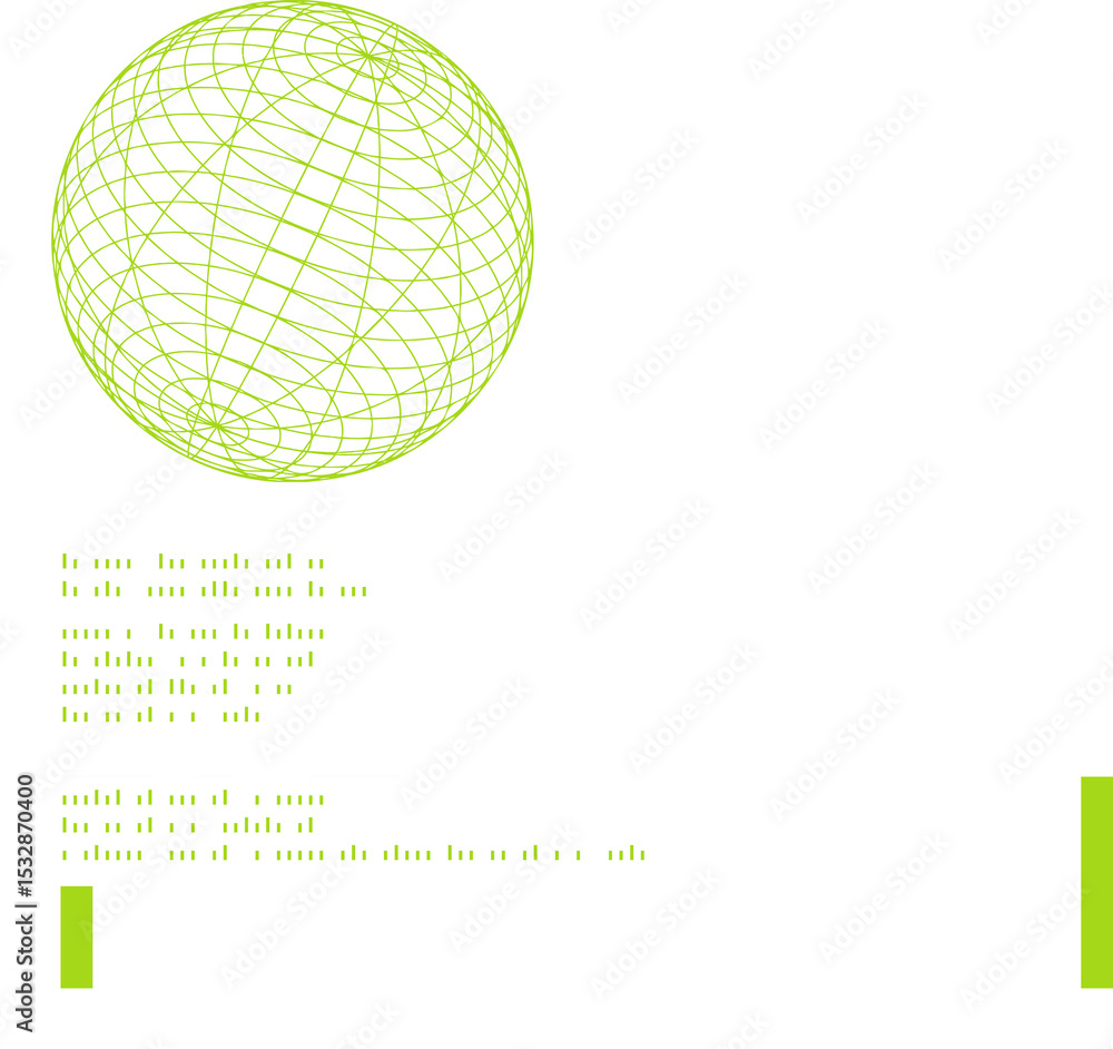 Poster wireframe sphere is floating in flat graphic with code blocks, wave pattern, transparent background