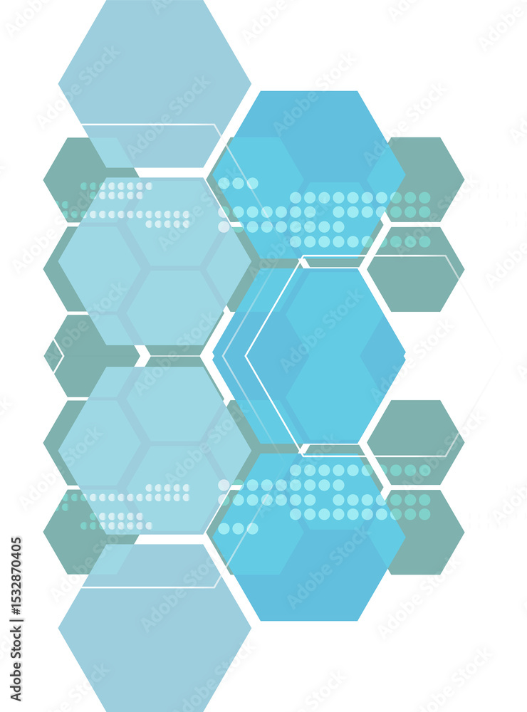 Poster abstract pattern is floating in flat design showing hexagons and white dots on transparent canvas