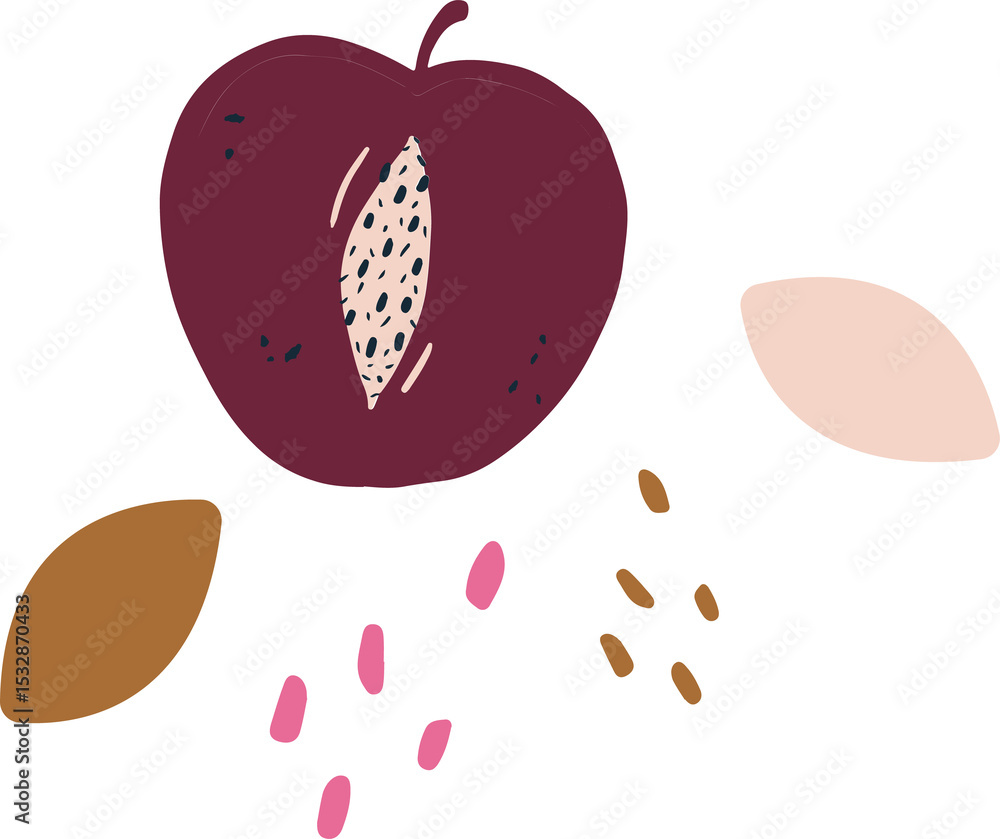 Poster flat design halved purple plum is floating on transparent background with abstract leaves and seeds