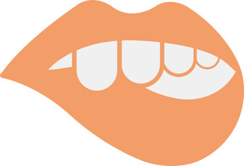 Peach-colored lips are parting in flat vector design, revealing white teeth, transparent background