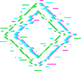 Abstract white diamond is showing glitch overlays bars cyan magenta green on transparent background