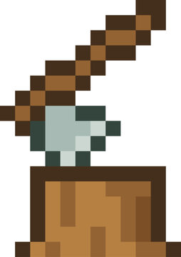 Fototapeta Pixel art is showing brown axe embedding grey blade into wood block, transparent background