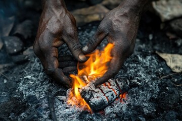 Hands nurturing a small fire with glowing embers in a natural outdoor setting, Hand preparing the fire