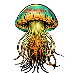 Colorful jellyfish illustrated with detailed patterns and flowing tentacles with no background