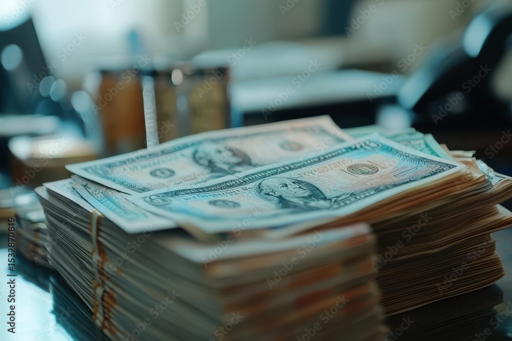 Poster Banknotes of AED dirhams on a table slowly rotating in a well-lit room with financial elements visible, AED dirhams banknotes on the table, slow rotating motion