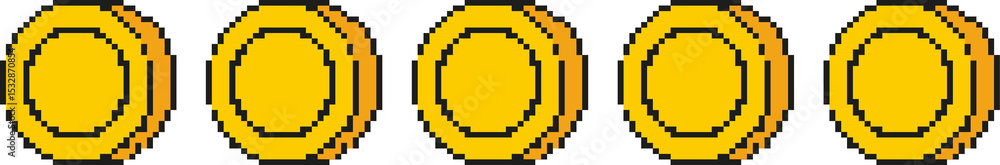 Poster five pixel art golden coins are floating in horizontal row on transparent background