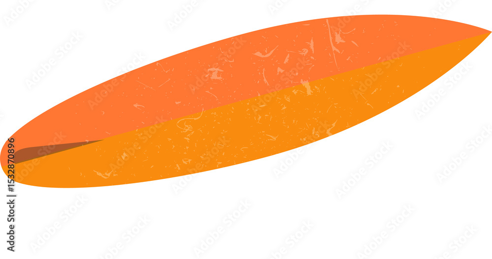 Poster flat graphic is showing stylized longboard floating above white waves on transparent backdrop