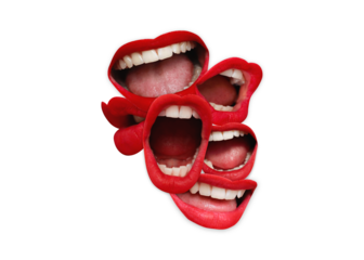 Contemporary art collage featuring screaming mouths. Communication concept, public opinion, public speaking, society, media. Message. Social media announcing