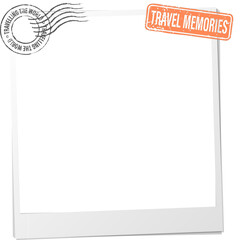 Obraz premium Showing instant camera frame with wavy postal mark and TRAVEL MEMORIES stamp, transparent, copy sp