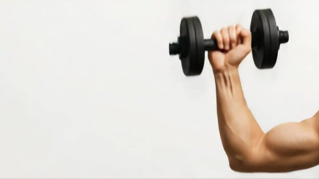 Strong male athlete performing biceps curl exercise, lifting dumbbell while standing against white minimalist background during intense fitness training session