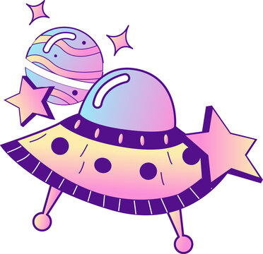 Naklejki Flat design pastel UFO is hovering with clear dome, ringed planet and stars, transparent background