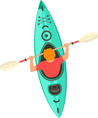 Lone kayaker is paddling top-down flat in transparent background, showing hatch, rigging and paddle