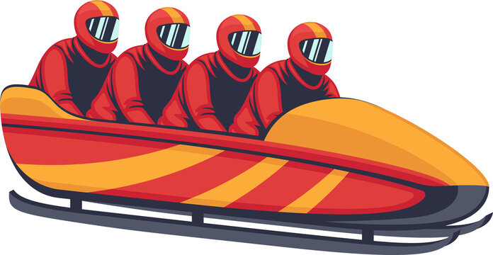 Four-person bobsled team is sliding in flat style on striped sled, helmeted, transparent background