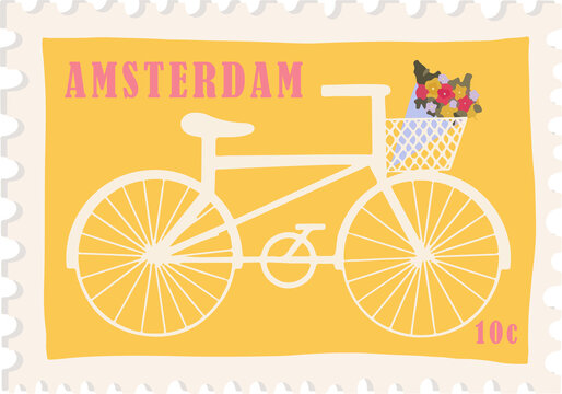 Fototapeta Flat design stamp showing white bike with flowers under pink AMSTERDAM text, transparent background