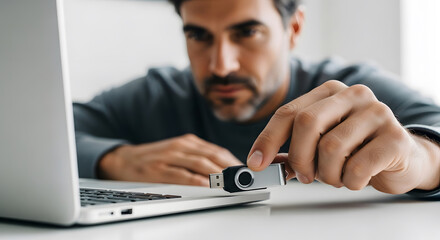 Man inserting USB drive into laptop, close-up. Concept of data transfer, security, technology, and computer work.