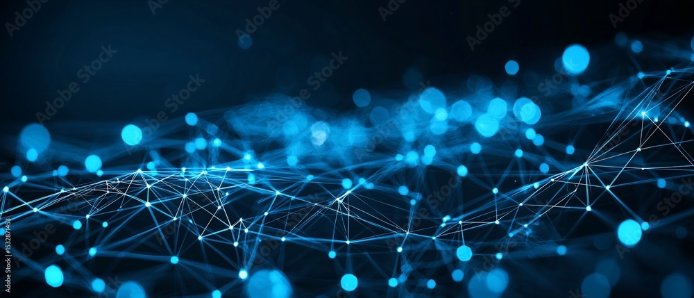 Poster abstract network formation with luminous nodes on a deep blue background