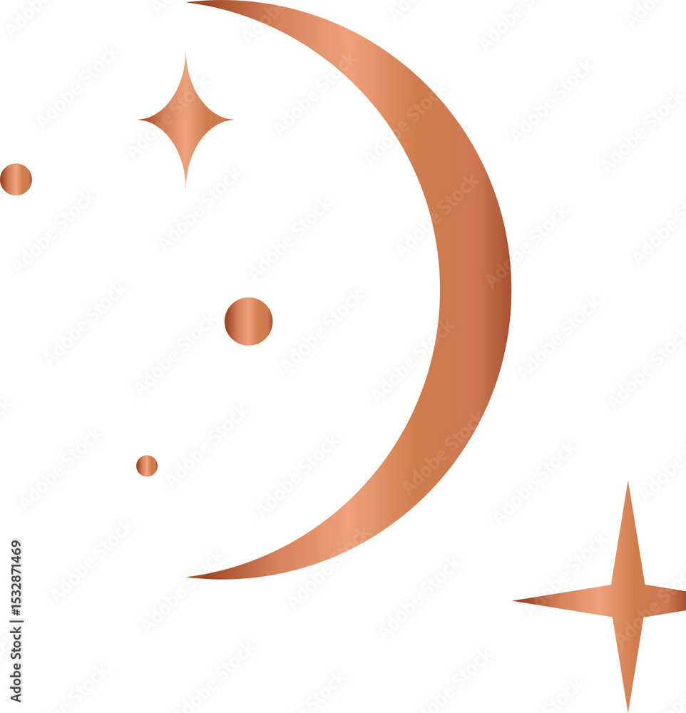 Poster showing rose-gold gradient crescent moon floating amidst disks and starbursts on transparent canvas