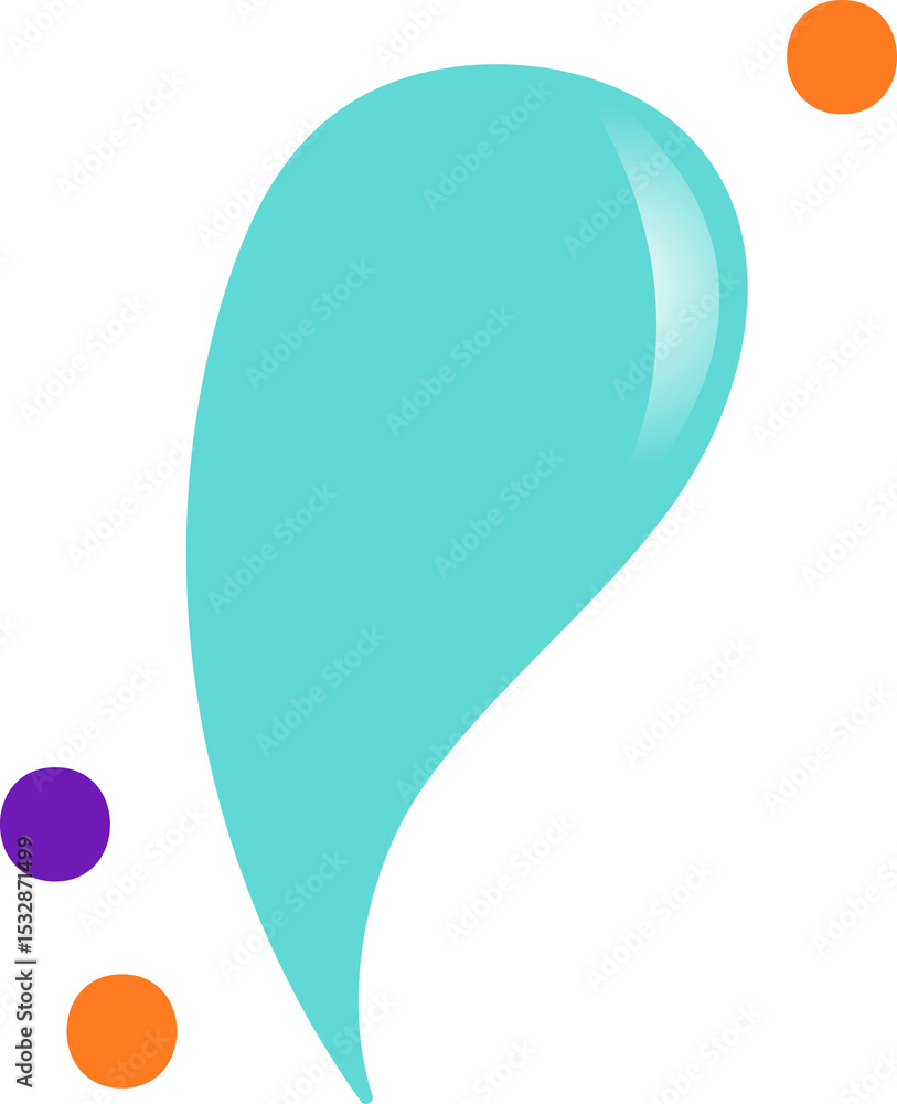 Poster floating large turquoise droplet shape with three circles in flat design on transparent background