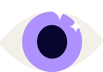 Flat eye outline floating on transparent background, showing lavender iris, navy pupil and sparkles