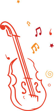 Flat violin illustration is floating over transparent area, with musical notes, stars, spirals