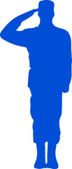 Blue silhouette of soldier figure is saluting and standing on transparent background, flat design