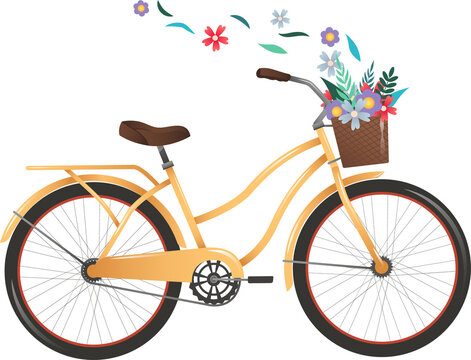 Fototapeta Yellow bicycle is carrying wicker basket overflowing with colorful blossoms, transparent background