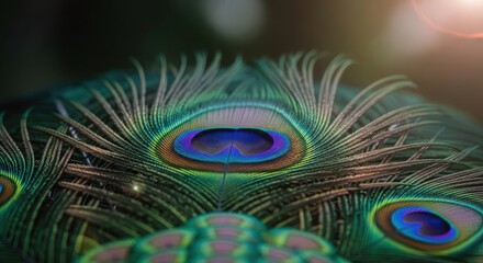 Naklejka premium Closeup Vibrant Peacock Feather with Iridescent Blue and Green Colors in Soft Natural Light