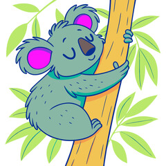 Cute cartoon koala sleeping on a tree with colorful leaves 