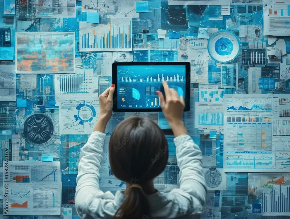 Poster engaging with data analytics in a creative workspace filled with charts and graphs