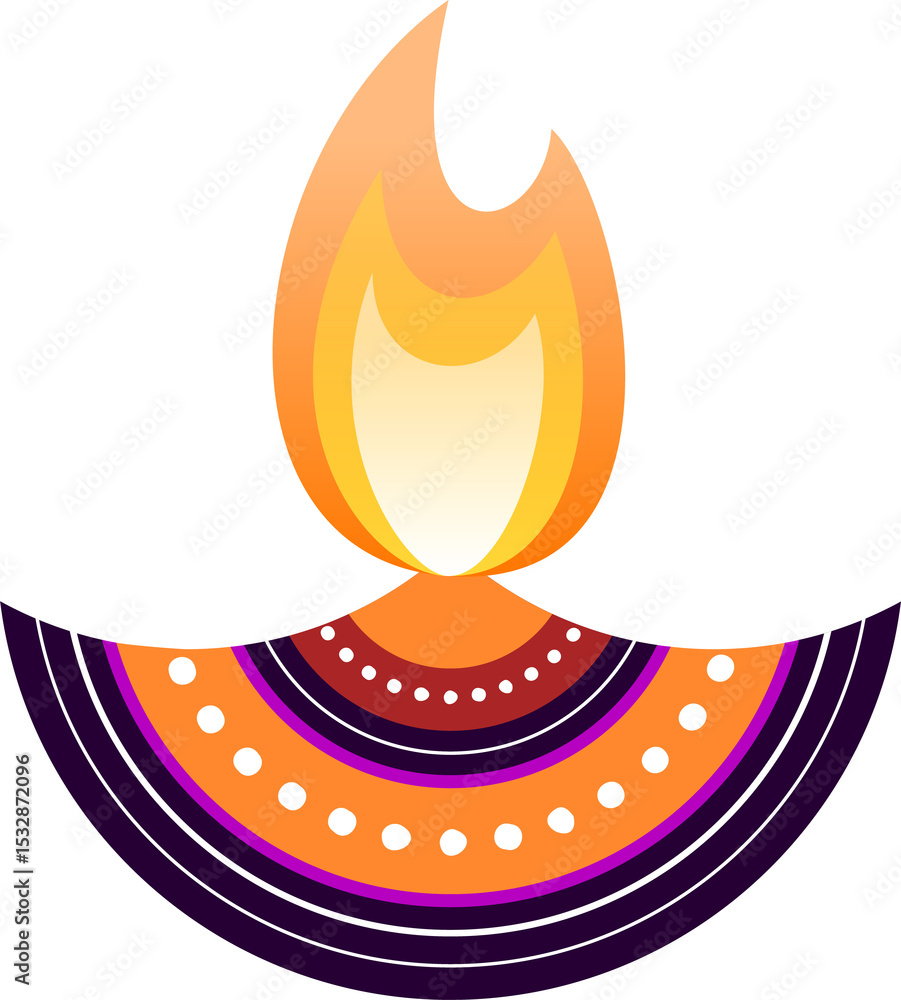 Poster displaying gradient flame rising over patterned lamp base in flat design, transparent background